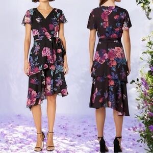 Tahari ASL Black and Pink Floral High Low Dress Size 4
